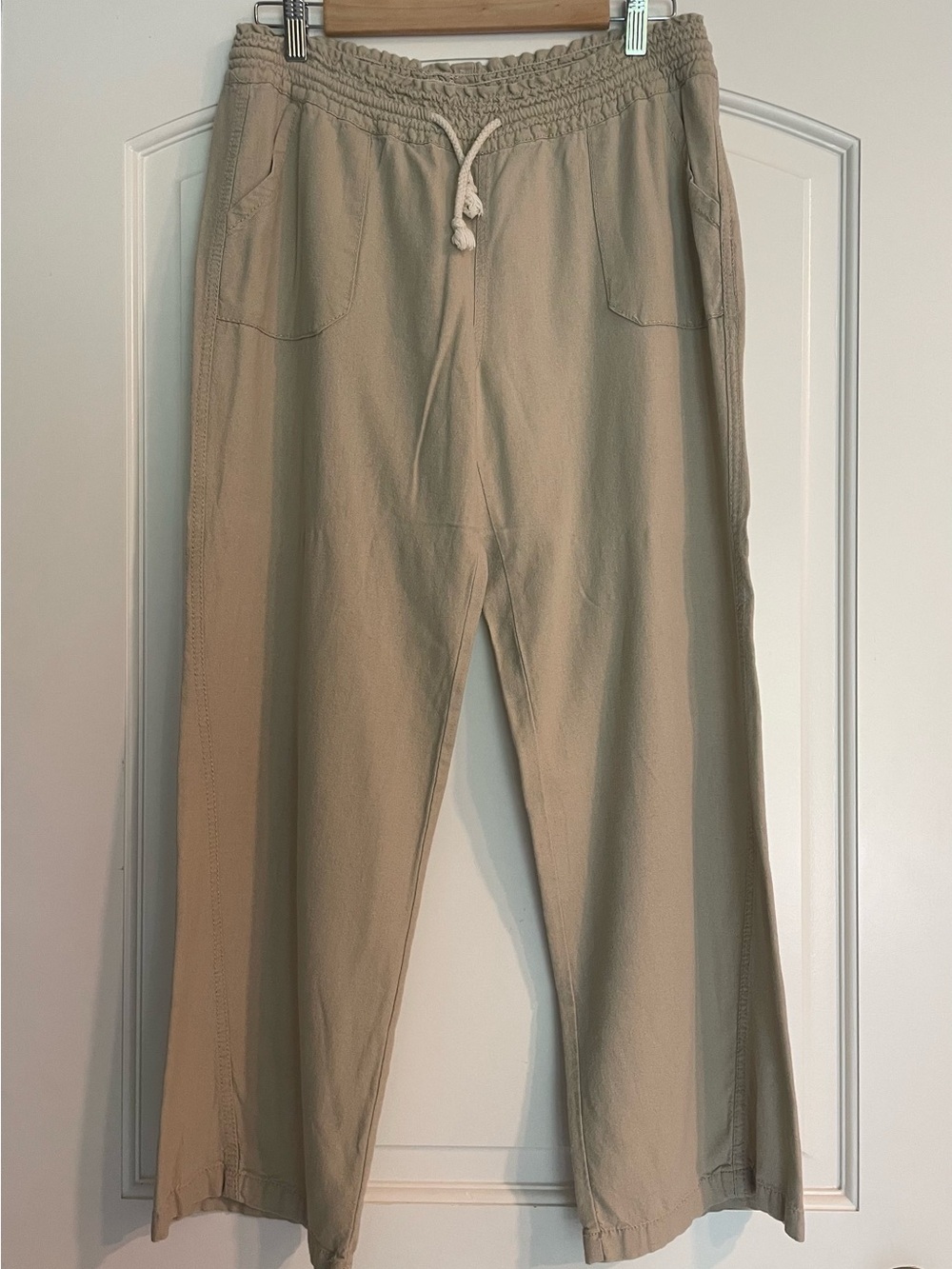 Angel Kiss Women's Beige Linen Rayon Wide-Leg Drawstring Elastic Waist Pants